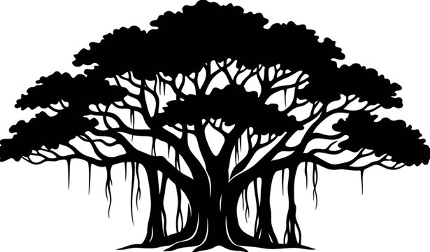 Majestic Banyan Tree Silhouette with Aerial Roots Black Botanical Vector