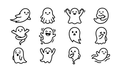Fototapeta premium Cute Halloween Ghost Line Icon Set Vector Kawaii Spooky Sheet Characters