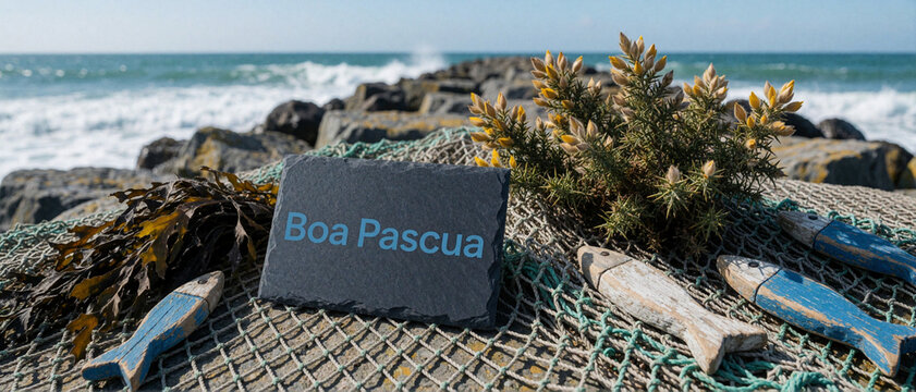 Boa Pascua Easter greeting slate stone on beach with fishing net and wooden fish