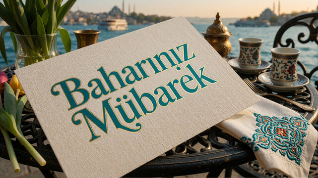 Baharınız M&uuml;barek, Turkish Spring Greeting Card with Tea and Tulips