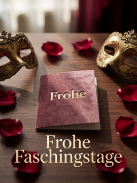 Frohe Faschingstage Carnival masks rose petals greeting card