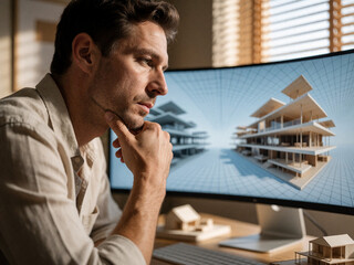 Fototapeta premium Architect looking at 3D building model on curved monitor with physical scale models on desk