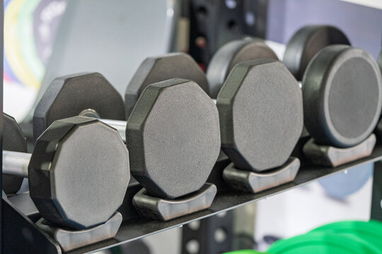 neatly arranged professional dumbbells on gym weight rack