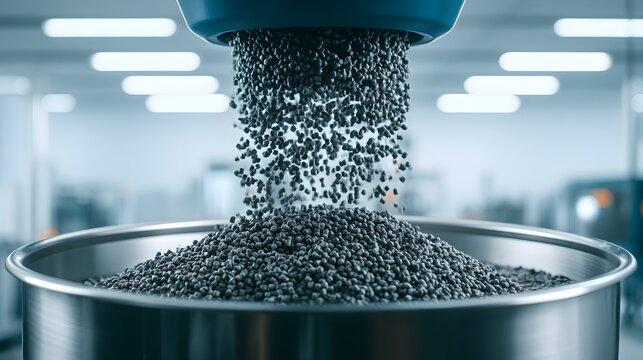 Small gray plastic polymer pellets pour from a large industrial hopper into a metal container inside a bright modern factory
