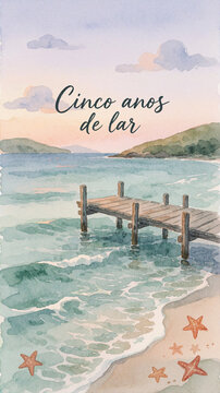 Cinco anos de lar - Watercolor illustration of a peaceful beach scene with a wooden pier, starfish, and sunset sky