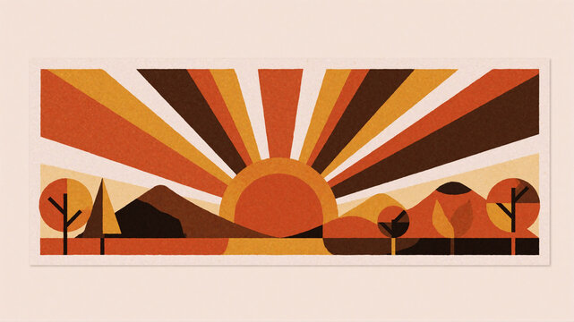 25 anni di eccellenza, retro vintage sunset landscape illustration, autumn colors geometric sun rays mountains trees