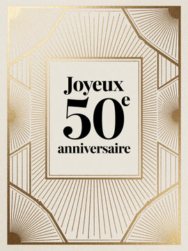 Joyeux 50e anniversaire - Elegant Art Deco Gold Anniversary Card