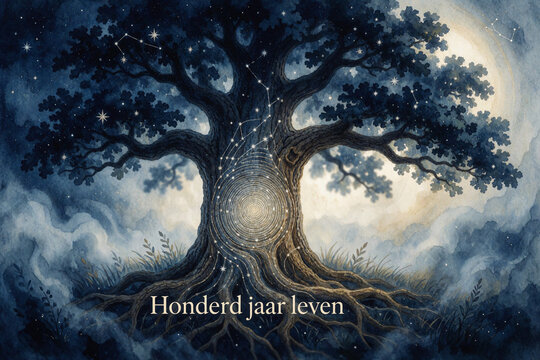 Honderd jaar leven - Mystical tree of life with constellations and moonlight, watercolor illustration