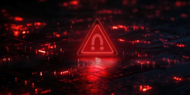Glowing red triangular warning icon hovering above a dark circuit board with scattered red lights, evoking urgent digital alert and ominous technological danger