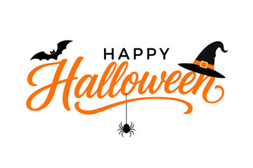 Fototapeta premium Happy Halloween Orange Typography with Bat, Witch Hat and Spider