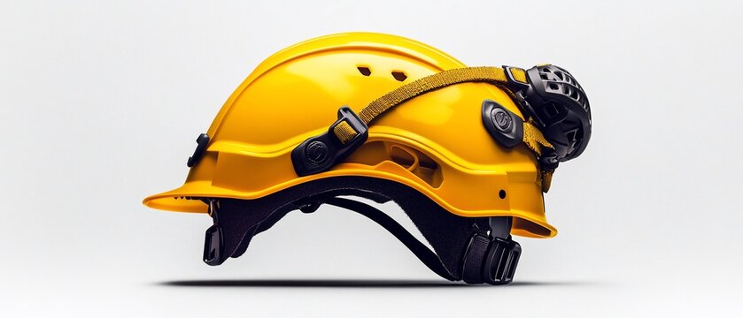 Yellow safety helmet with attached face shield, shown in profile against a white background