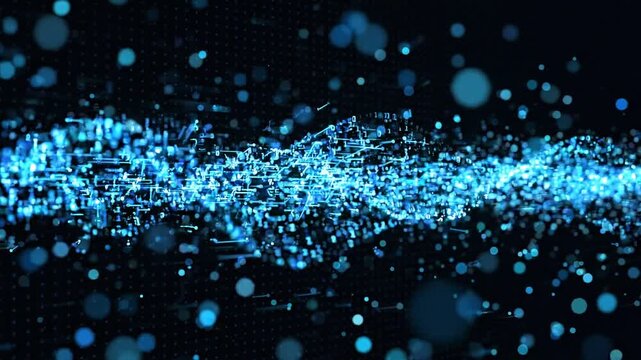Abstract blue digital data stream with binary code and glowing particles flowing in a futuristic network environment.