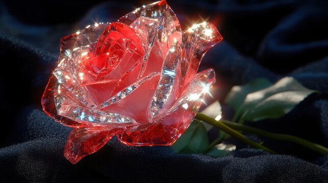 Glistening crystal red rose with green leaves resting on dark velvet, sparkling highlights conveying romance and wonder