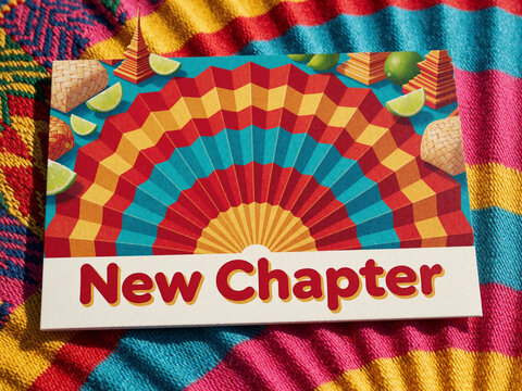 New Chapter greeting card with colorful Mexican fan pattern, limes, and woven baskets on a striped blanket