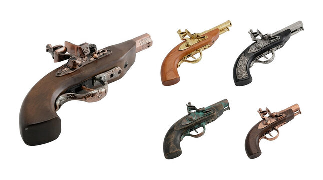 Collection of vintage flintlock pistols and old firearms displayed on white background with flintlock, historic