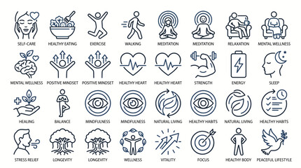 Obraz premium Fitness and Wellness Lifestyle Vector Illustration Set – Exercise, Yoga, Meditation, Nutrition, Strength Training, Healthy Mind, Sleep and Self Care Icons