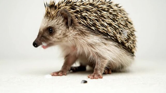 Captivating close-up of hedgehog anointing behavior with white background