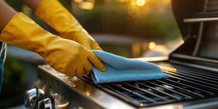 hands in yellow rubber gloves wiping a barbecue grill grate with a blue cloth at golden hour, evoking clean care and quiet satisfaction