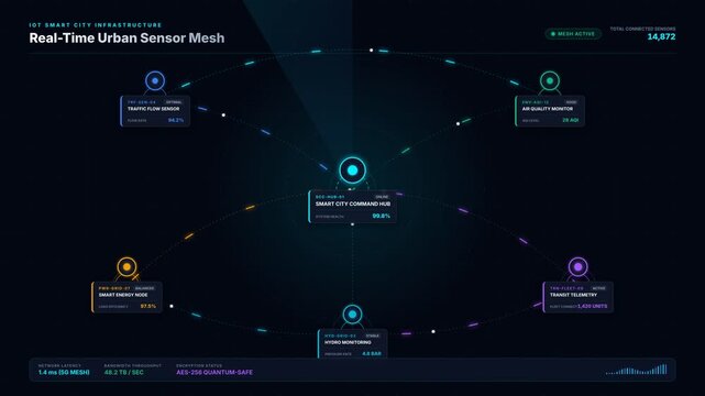 Abstract 4K motion graphics visualization of an IoT smart city urban sensor mesh network. Features interactive command hub, environmental air quality monitoring nodes, traffic flow sensors, smart ener