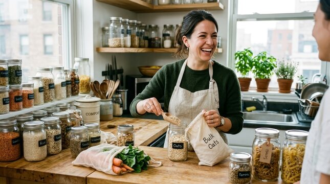 Smiling woman holding eco friendly bag in grocery store.