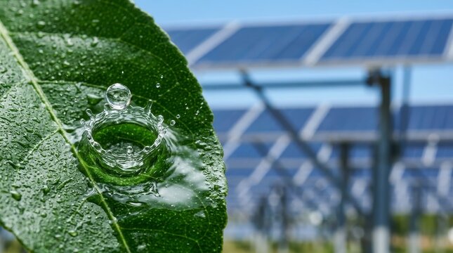 Solar panels and green leaf with water droplets in nature.