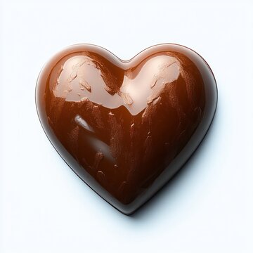 Glossy heart-shaped chocolate candy with reflective surface on white background conveying sweetness, love and romantic indulgence