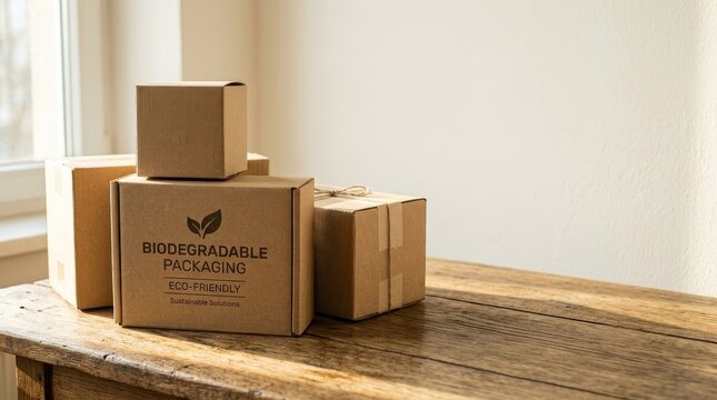 Stacked cardboard boxes on rustic wooden table.