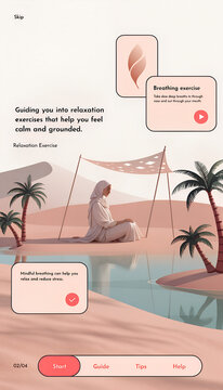 Serene desert illustration of person meditating under canopy beside reflective water with palm trees symbolizing anxiety therapy mindfulness breathing and relaxation generated ai