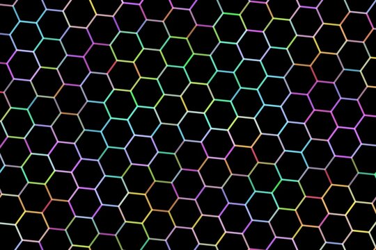 Abstract hexagon pattern with colorful glowing lines on black