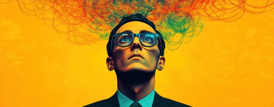 person in suit with obscured face on bright yellow background, multicolored tangled lines swirling above head conveying overwhelmed anxious chaotic thoughts