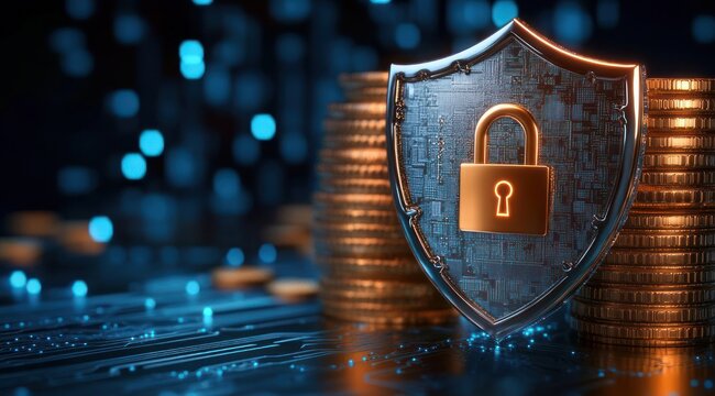 Futuristic metallic shield with glowing padlock on circuit board beside stacks of gold coins, conveying secure financial protection and digital confidence