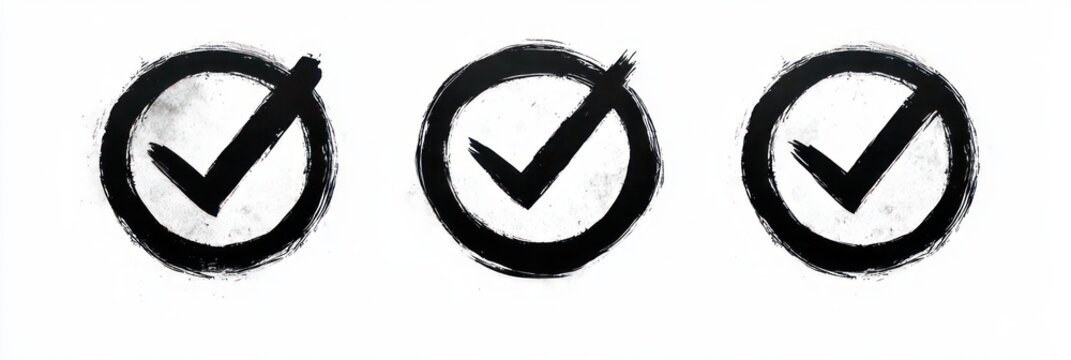 three black brushstroke check marks inside rough painted circles on white background conveying approval and completion
