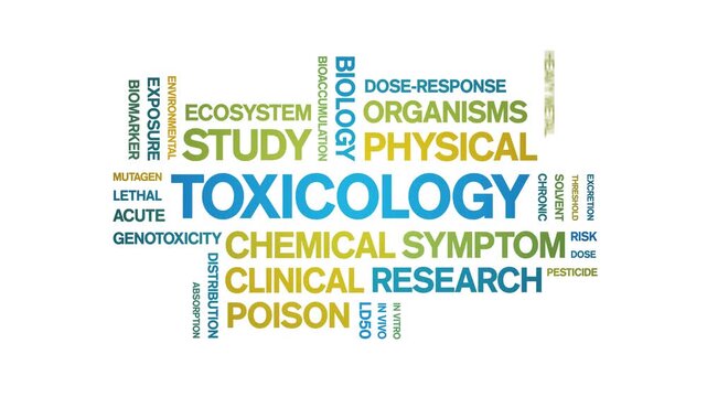 Toxicology animated word cloud-animation tag kinetic typography seamless loop.