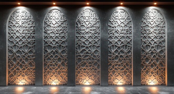 five tall arched stone panels with intricate geometric lattice carvings, warm uplighting and overhead spotlights casting patterned shadows on a reflective floor, serene elegant atmosphere