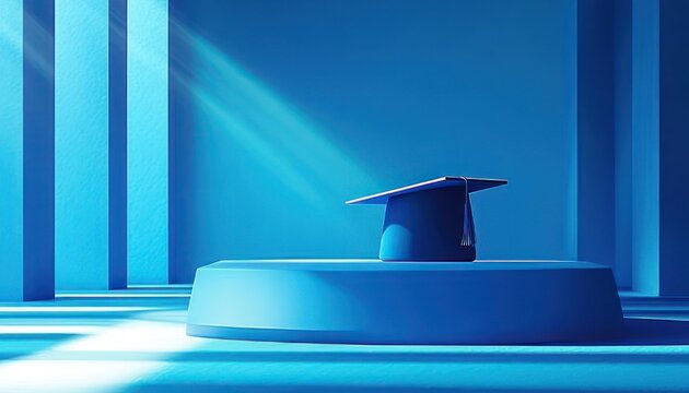 blue graduation cap on round podium in minimalist blue room with columns and sunlit rays conveying quiet pride and reflective achievement
