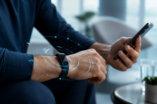 Wearable fitness tracker on wrist syncs health data to mobile phone in blue digital aura.
