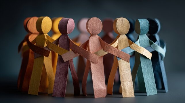 Paper figures of diverse people holding hands representing unity and support