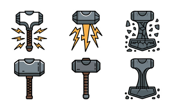 Stylized hammer and mjolnir weapon icons set featuring detailed artistic flat colored illustrations.