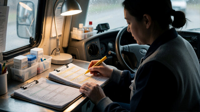 Truck driver filling out logbook and documents inside cabin at night