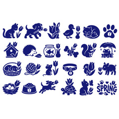 Fototapeta premium Cute pets and spring woodland animals vector icons. Domestic cat, dog, and backyard wildlife silhouettes with tulip flower decorative details.