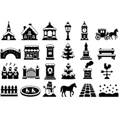 Fototapeta premium Snowy Christmas Village Winter Town Architecture Icon Set - Minimalist Vectors