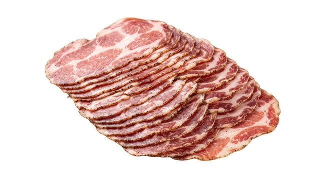 Italian coppa ham slices isolated on white background. Marbled pork neck cold cuts. Gourmet dry cured meat appetizer for charcuterie.