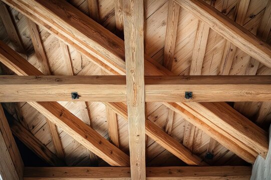 Warm rustic timber roof with intersecting heavy wooden beams, diagonal rafters and plank ceiling, sturdy structural detail conveying craftsmanship and cozy interior atmosphere