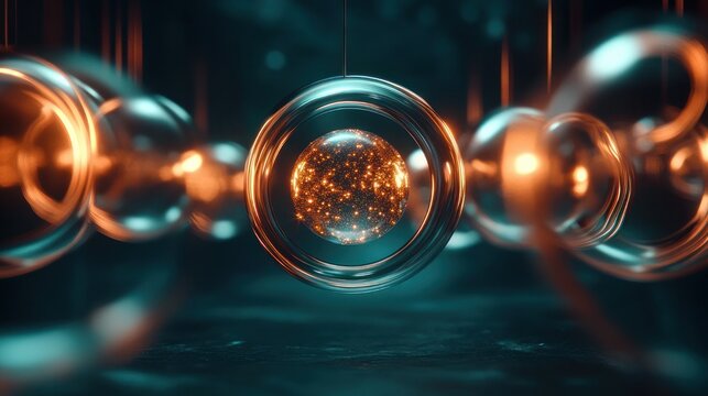 suspended glowing particle orbs encased in transparent glass rings with warm orange cores and cool teal cinematic lighting, futuristic and mysterious atmosphere
