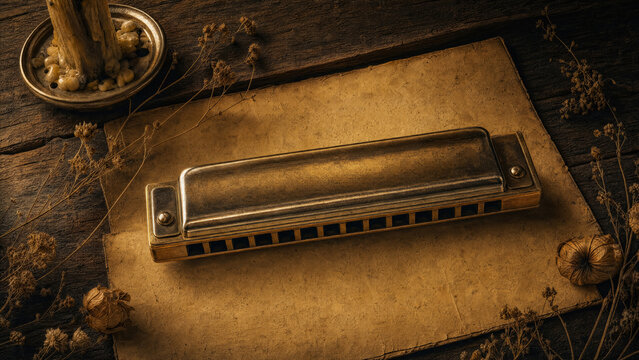 Antique Harmonica on Old Parchment with Dried Flowers