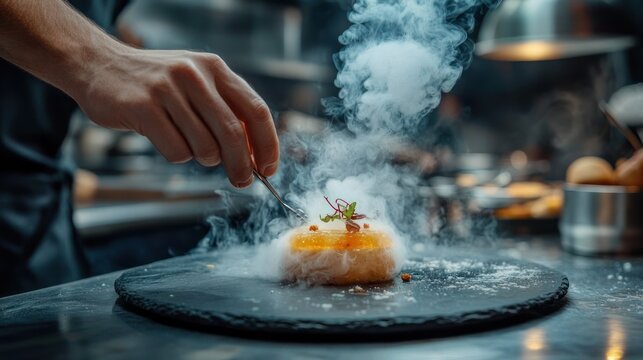 chef's hand placing microgreens with tweezers on a smoking round dessert wrapped in spun sugar on a black slate in a busy professional kitchen, meticulous focused plating