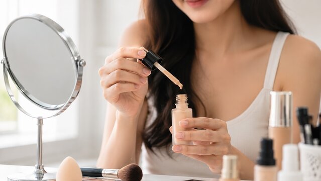 Cosmetic liquid foundation held by a woman during an everyday beauty routine at a vanity, representing makeup application, personal care, cosmetics and skincare.