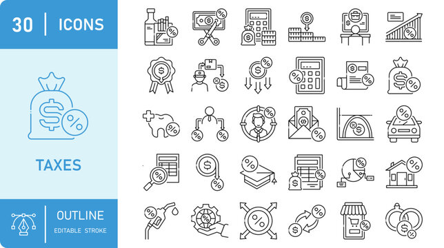 Taxes icon set. Containing tax, finance, money, payment, accounting, budget, revenue, audit, and more. Line style. Editable stroke. Vector illustration.