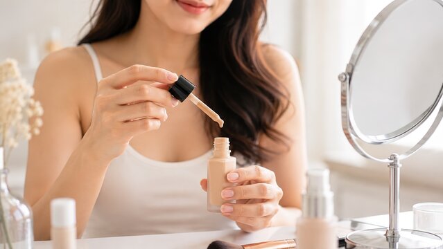 Young woman using a makeup cosmetic during personal beauty care at home, featuring liquid foundation, applicator, mirror and a modern self care routine.