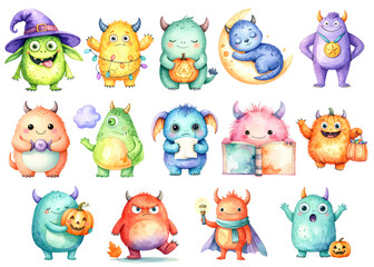 Fototapeta premium Cute Watercolor Halloween Monsters Character Collection with Pumpkins, Witch Hat and Cat